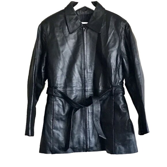 Genuine‎ Leather Black Belted Full Zip Jacket Women's Size XL Made In México - Picture 1 of 7